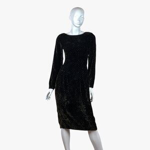 Vintage Black Velvet Sparkle Glitter Dot Dress Long Sleeve Drop Waist Low Back